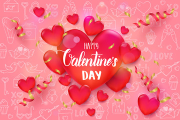Valentine's day background with 3d red hearts and serpentine on white pattern with hand drawn love line art symbols. Sketch. Happy Valentine's Day. Vector