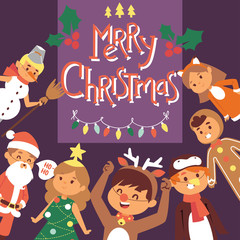 Christmas 2019 Happy New Year greeting card happy kids children costume vector background banner holidays winter xmas congratulation New Year poster or web banner illustration