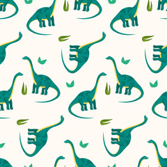 Cute cartoon diplodocus seamless pattern for kids textile. Nice bright childish texture with dinosaurs and grass for children textile, wrapping paper, cover, background