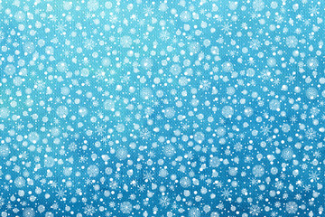 Christmas and Happy New Year background. Hand drawn blue watercolor abstract texture with snowflakes. Falling snow raster holiday backdrop for card.