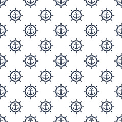 Nautical print seamless pattern design. Blue ship anchor and wheel on white background vector seamless pattern design.