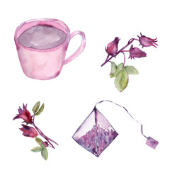 Watercolor set, pink Cup with red tea, tea bag and hibiscus buds on white background for beautiful design and decoration, hibiscus Bud and fresh leaves.