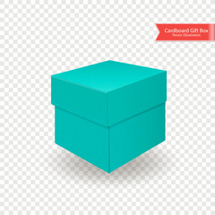 Fototapeta premium Single cardboard green blue gift box. Top and front view. Package isolated on transparent background. Realistic Vector Illustration