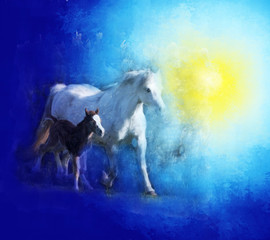 painting of horse and foal on the background of sky - 234351486