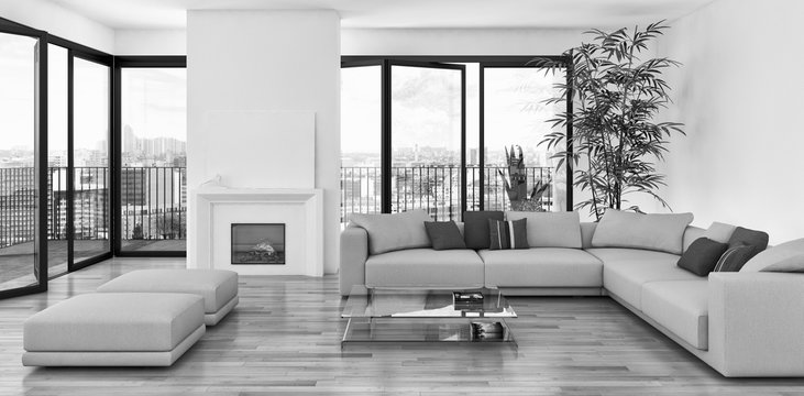 Black and white large luxury modern bright interiors Living room illustration 3D rendering computer digitally generated image