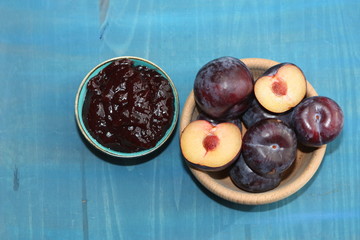 Fresh plums and jam.