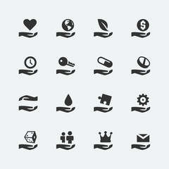 Hand and object concept vector icons set