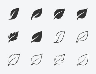 Leaves vector icons set, glyph and thin line style