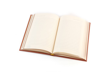 An open notebook with blank pages in a brown hard cover on a white isolated background