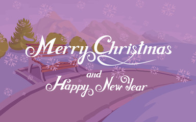 Merry Christmas and Happy New Year hand lettering. New Year vector design for greeting card. New Year's holiday. Lettering with winter landscape. Greeting card with lettering. Winter celebration.