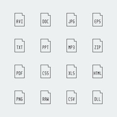 File extensions related vector icon set, thin line style