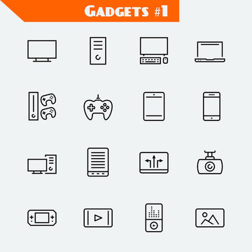 Computer and related gadgets icon set: monitor, case, monoblock, laptop, console, gamepad, tablet, smartphone, pc, reader, navigator, recorder, portable console, hd player, mp3 player, photo frame