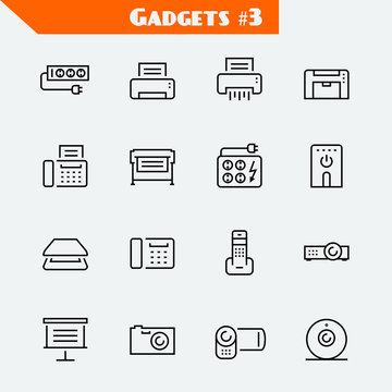 Peripheral devices and gadgets icon set: surge suppressor, printer, shredder, multifunction device, fax, plotter, UPS, scanner, phone, projector, screen, photo camera, video camera, web camera