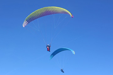 Paragliders flying in a blue sky