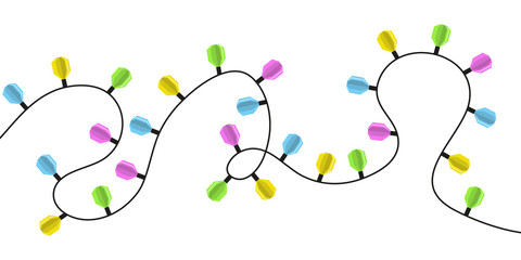 Christmas lights isolated on white background. Garland Lamp. New Year's holiday. Color Christmas lights. Winter celebration. Christmas lights background. Bulbs Festive. New Year decoration