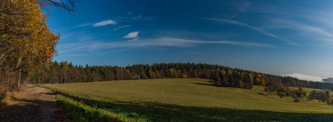 Nice autumn morning near Zitkova village in Moravia with blue sky