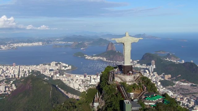Rio de Janeiro, Brazil, aerial view of Christ the Redeemer statue and Sugarloaf mountain