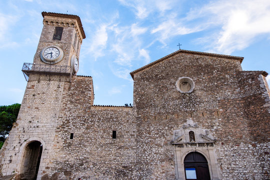 Wide angle view to the church with a bell tower in Cannes