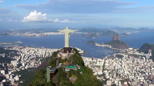 Rio de Janeiro, Brazil, aerial view of Christ the Redeemer statue and Sugarloaf mountain