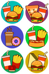 icons of fast food combos, contains hot dog, hamburger and sandwich with fries and soda