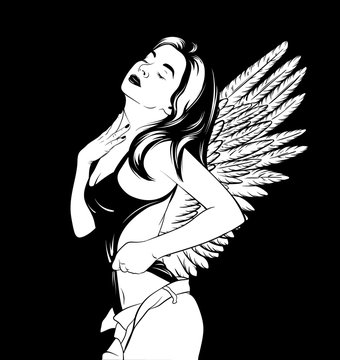 Vector hand drawn illustration of young beautiful woman. Realistic portrait of pretty girl in swimsuit with wings. Template for card, poster, banner, print for t-shirt, label, textiles.