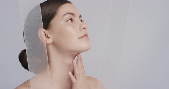 portrait beautiful caucasian woman hands touching healthy skin caressing smooth silky soft complexion enjoying perfect natural beauty on white background skincare concept