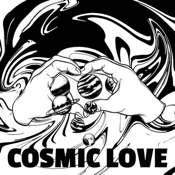 Cosmic love. Vector hand drawn illustration of human hands with planets. Template for card, poster, banner, print for t-shirt.
