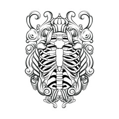Vector hand drawn illustration of human ribs with baroque frame isolated. Template for card, poster, banner, print for t-shirt, pin, badge, patch.