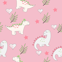 Cute baby dinosaur seamless pattern on the light pink background. Baby cloth design, wallpaper, wrapping. Vector illustration.