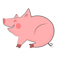 Smiling pink sitting pig on white background