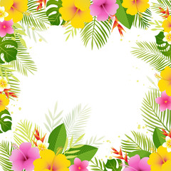 Fototapeta na wymiar Summer frame with palm leaves and tropical flowers. Vector floral banner template.