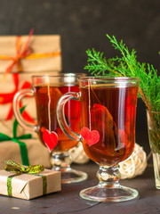 Tea and festive atmosphere (heart and love) Hot Beverages on the table. Copy space.