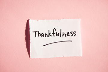 Thankfulness - text on white paper with pink background, thanksgiving day concept