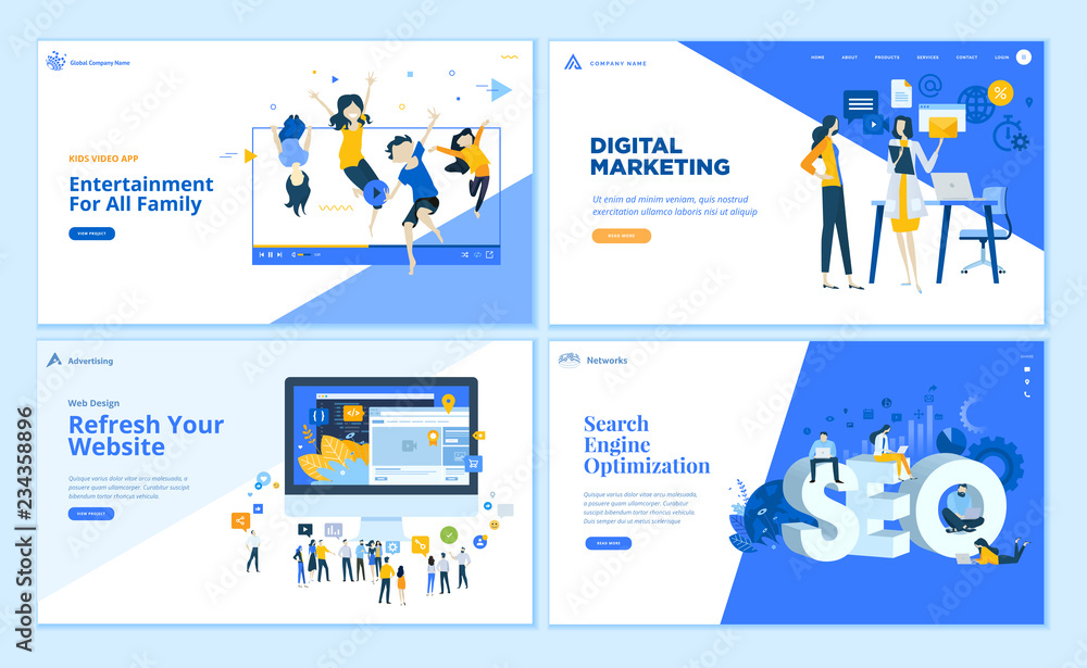 Wall mural set of flat design web page templates of seo, web development, digital marketing, family entertainme