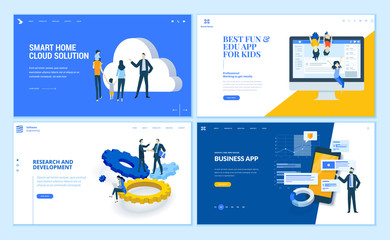 Set of flat design web page templates of business apps, research and development, home cloud solution, kids apps. Modern vector illustration concepts for website and mobile website development. 