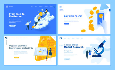 Obraz na płótnie Canvas Set of flat design web page templates of startup, development process, market research, pay per click, time management. Modern vector illustration concepts for website and mobile website development. 
