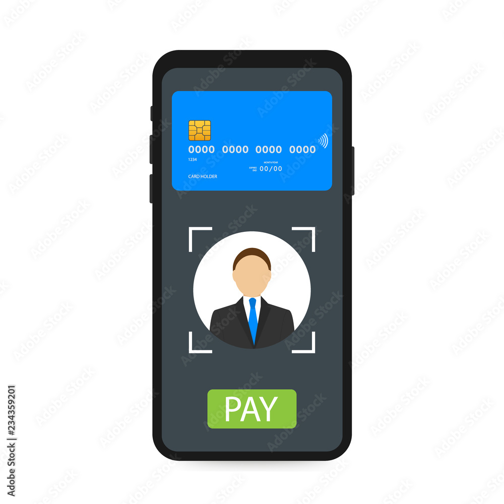 Poster Secure payment with facial recognition and identification on smartphone. Smartphone unlocked with face recognition. 