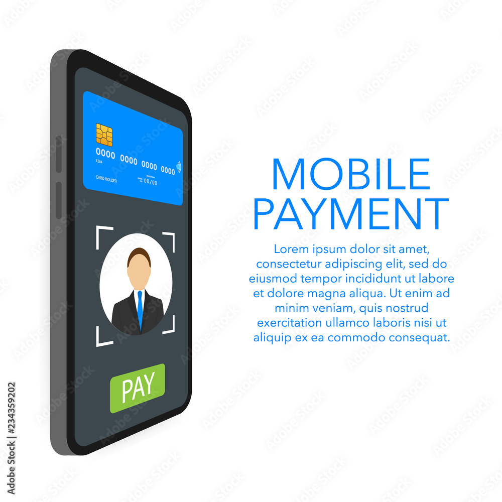 Poster Secure payment with facial recognition and identification on smartphone. Smartphone unlocked with face recognition. 