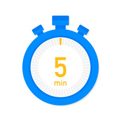 The 5 minutes, stopwatch vector icon. Stopwatch icon in flat style, timer on on color background.  Vector illustration.
