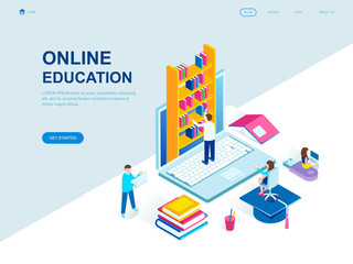 Modern flat design isometric concept of Online Education decorated people character for website and mobile website development. Isometric landing page template. Vector illustration.