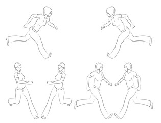 Running black line womens on white background. Vector graphic icon set. Sketch style