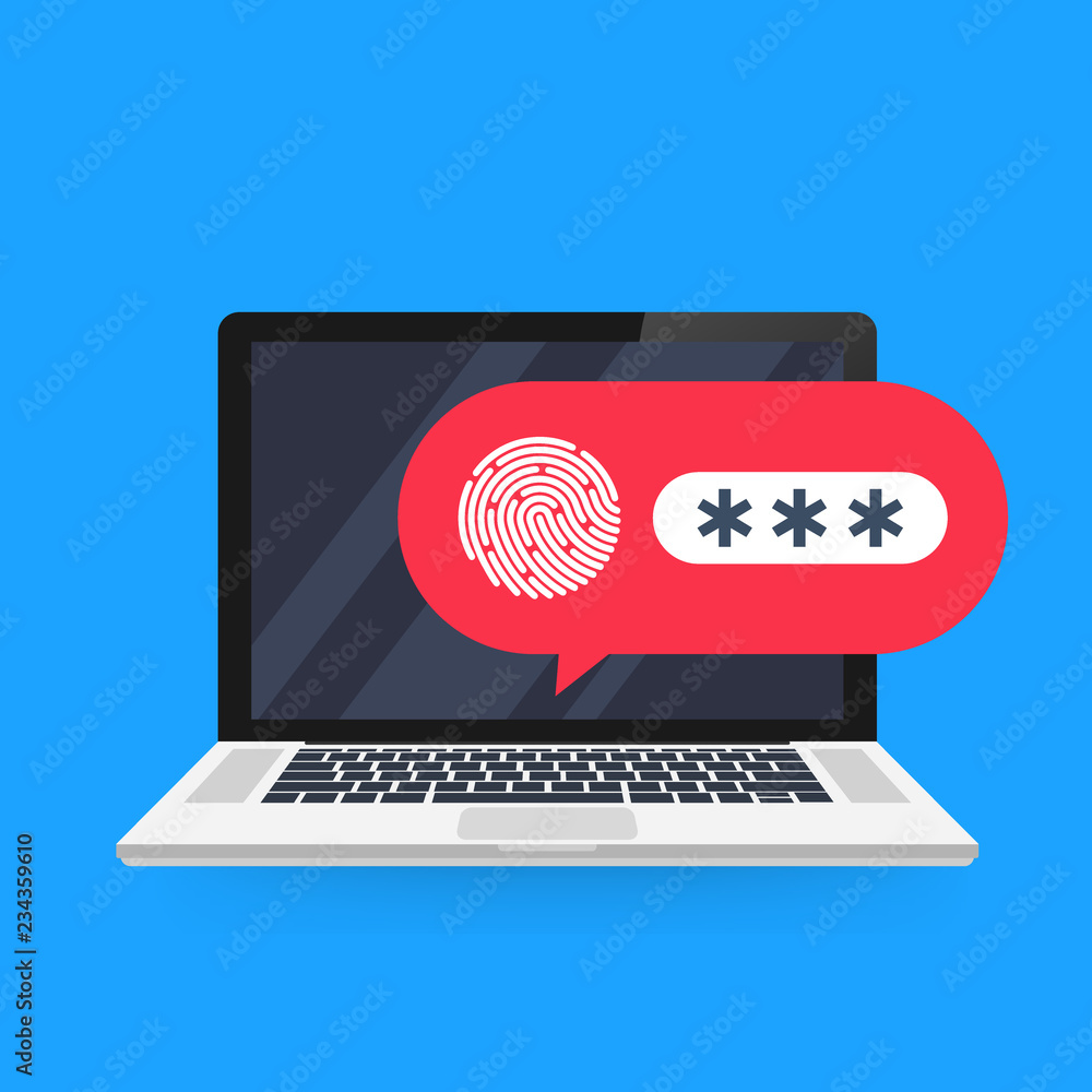 Poster laptop with unlocked password bubble notification, flat cartoon design or pc screen with open lock a