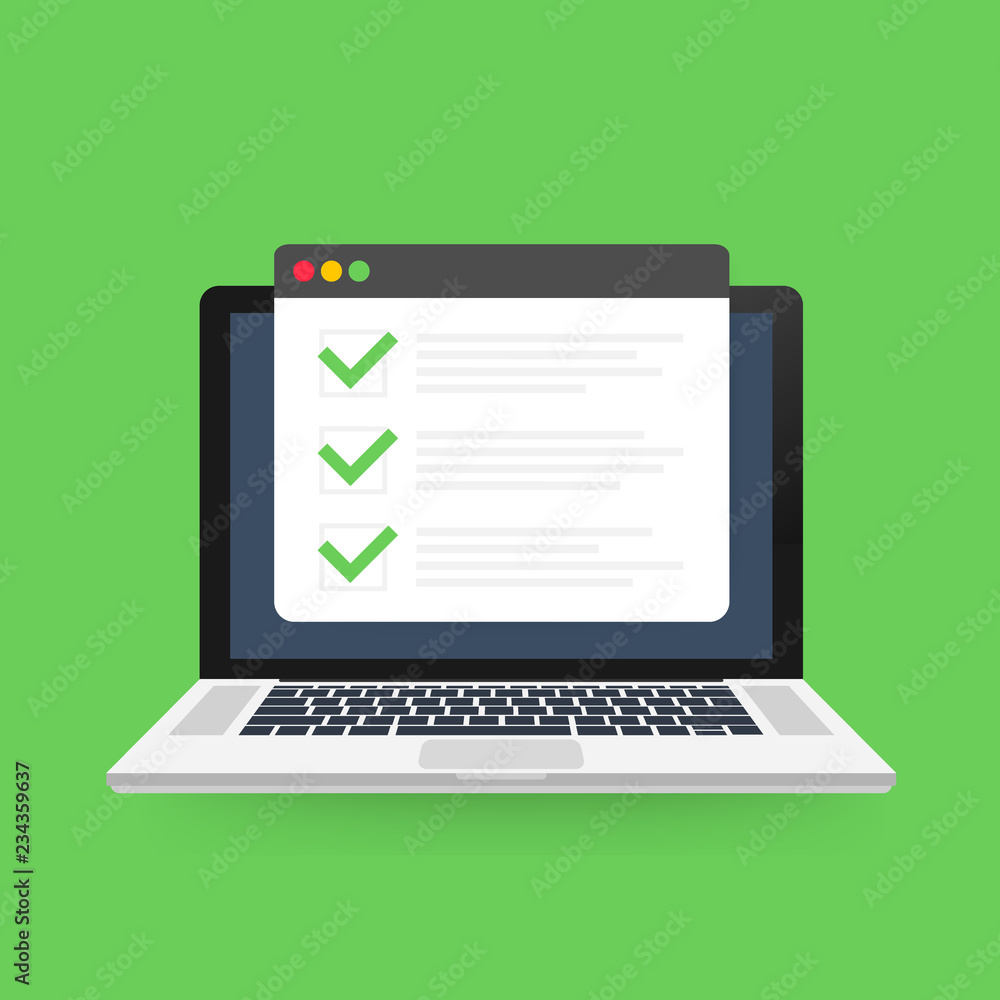 Aufkleber checklist browser window. check mark. white tick on laptop screen. choice, survey concepts. vector i
