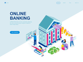 Obraz premium Modern flat design isometric concept of Online Banking decorated people character for website and mobile website development. Isometric landing page template. Vector illustration.
