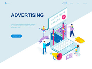 Modern flat design isometric concept of Advertising and Promotion decorated people character for website and mobile website development. Isometric landing page template. Vector illustration.