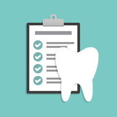 Dental check. Clipboard with checklist and tooth in a flat design