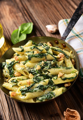 Penne pasta with spinach, gorgonzola cheese and walnuts