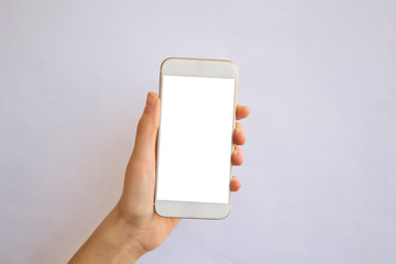 hand holding mobile phone with isolated background