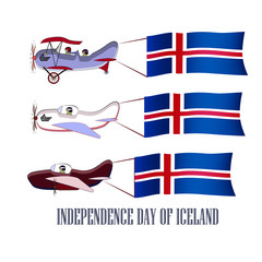 Independence Day of Icelandic, set with three planes and national flags on an isolated background, vector illustration