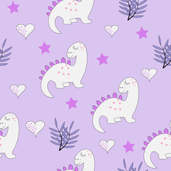 Funny baby dinosaur seamless pattern on the purple background. Baby cloth design, wallpaper, wrapping. Vector illustration.